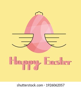 Happy Easter greeting card. Greeting card whith hand-drawn lettering. Pastel pink color Easter egg whith modern ornament and cute chick. Vector simple illustration. Holiday greetings.