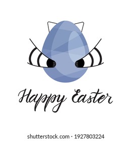 Happy Easter greeting card. Greeting card whith hand-drawn lettering. Pastel cold violet color Easter egg whith floral ornament and cute raccoon. Vector simple illustration. Holiday greetings.
