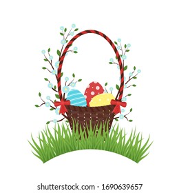 Happy Easter greeting card with wicker basket with colourful eggs, in grass for hunt with red ribbon and bows and blooming tree branches. Vector illustration design isolated on white background.