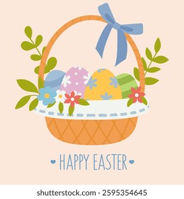 Happy Easter greeting card with wicker basket full of painted eggs and spring flowers with blue bow