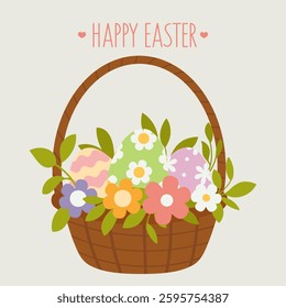 Happy Easter greeting card with wicker basket full of painted eggs and spring flowers