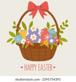Happy Easter greeting card with wicker basket full of painted eggs and spring flowers with red bow
