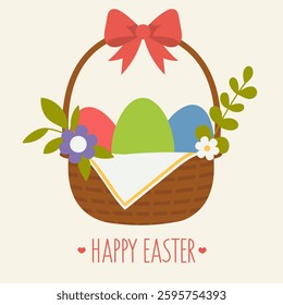 Happy Easter greeting card with wicker basket full of painted eggs and spring flowers with red bow