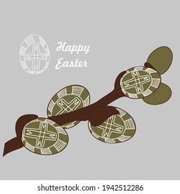 Happy Easter greeting card. Willow branch (Salix caprea) with colored egg buds. Easter patterns handmade. Ethnic motives