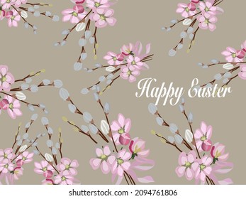 Happy Easter greeting card. Willow branches. Vintage brown muted tone, copy space. Place for your text.