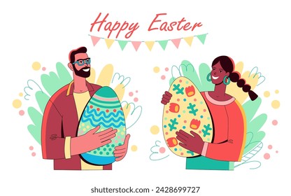 Happy Easter greeting card. Woman and  man are holding huge painted Easter eggs on background of plants. Flat characters isolated. Family couple is preparing for Easter. Vector illustration.