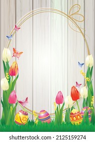 Happy Easter greeting card with wooden background and colorful eggs on the grass. Congratulatory frame in the form of an egg with butterfly and tulips