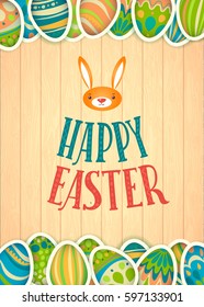 Happy Easter Greeting Card. Wooden Background Hand Lettering.  Congratulations Happy Holiday. Easter Egg Hunt.