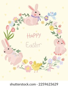 Happy Easter, greeting card with a wreath of bright flowers, eggs, cute rabbit, chickens. Spring flowers. Concept of holiday, joy, happiness. Ideal for banners, cards, posters, stickers. Vector