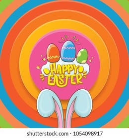 happy easter greeting card wtih bunny, calligraphic text, clouds , rainbow and color easter eggs. vector easter kids  cartoon poster or label