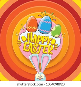 happy easter greeting card wtih bunny, calligraphic text, clouds , rainbow and color easter eggs. vector easter kids  cartoon poster or label