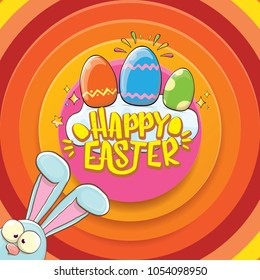 happy easter greeting card wtih bunny, calligraphic text, clouds , rainbow and color easter eggs. vector easter kids  cartoon poster or label