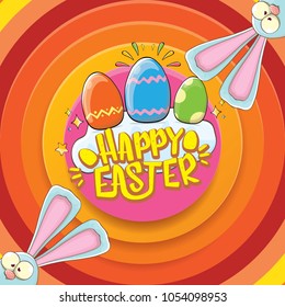 happy easter greeting card wtih bunny, calligraphic text, clouds , rainbow and color easter eggs. vector easter kids  cartoon poster or label