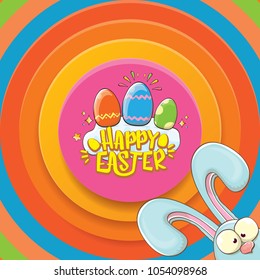 happy easter greeting card wtih bunny, calligraphic text, clouds , rainbow and color easter eggs. vector easter kids  cartoon poster or label