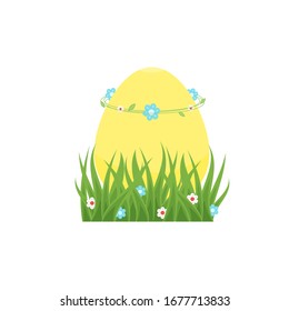 Happy Easter greeting card with yellow egg in green grass for hunt, with wreath from flowers and leaves on the top. Vector design isolated on white background for hunting ad, banner, sale poster.