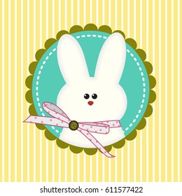 Happy Easter greeting card with yellow background and rabbit. White cute Easter Bunny with bow peeking out of a hole. Long ears.