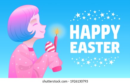 Happy Easter greeting card. Young beautiful girl with pink striped Easter egg and pink burning candle. Vector holiday web banner with "happy easter" title.