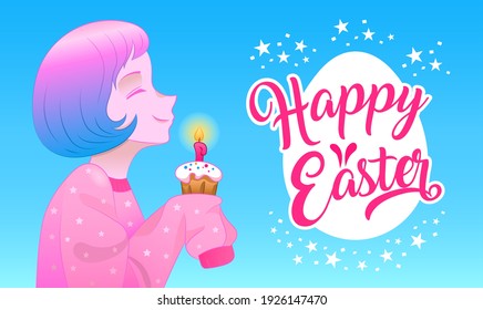 Happy Easter greeting card. Young beautiful girl with Easter cake and pink burning candle. Vector holiday web banner with "happy easter" title.