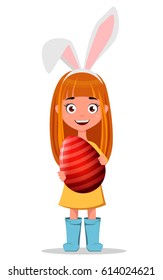 Happy Easter greeting card. Young smiling redhead girl wearing bunny ears and holding striped Easter egg. Easter girl. Cute cartoon character with bunny ears mask. Vector illustration