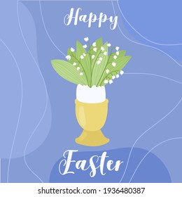 Feliz tarjeta de felicitación de Pascua, banner. Huevo con flores lirio del valle. Ilustración de dibujo con la mano del vector.