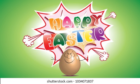Happy Easter greeting card.Cartoon of Easter Egg showing on a comic speech bubble with text -Happy Easter- isolated on a green background.Vector illustration for holiday greeting.