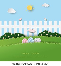 Happy Easter greeting card,celebrate theme with easter eggs and rabbit,vector illustration