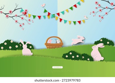 Tarjeta de felicitación de Pascua feliz, tema de celebración con conejito lindo en el jardín de primavera, Ilustración vectorial