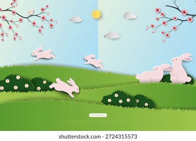 Tarjeta de felicitación de Pascua feliz, celebre el tema en el jardín de primavera con la familia de los conejos para los Anuncios, los volantes, las tarjetas, los medios sociales o el Fondo de pantalla, Ilustración vectorial