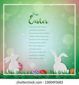 Happy Easter greeting card,colorful eggs with rabbits on bokeh background for holiday,invitation or poster