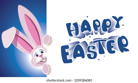 Happy Easter greeting card.Cute Easter Bunny next to white signboard with text -Happy Easter- isolated on a blue background.Vector illustration for holiday greeting.