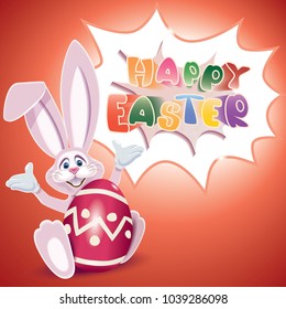 Happy Easter greeting card.Cute Easter Bunny with red egg decorated with ornaments and comic speech bubble with text -Happy Easter- isolated on a red background.Vector illustration.