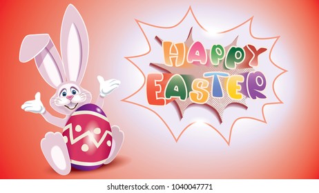 Happy Easter greeting card.Cute Easter Bunny with colorful egg decorated with ornaments and comic speech bubble with text -Happy Easter- isolated on a red background.Vector illustration.