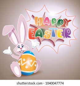 Happy Easter greeting card.Cute Easter Bunny with colorful egg decorated with ornaments and comic speech bubble with text -Happy Easter- isolated on a beige background.Vector illustration.