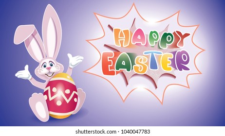 Happy Easter greeting card.Cute Easter Bunny with colorful egg decorated with ornaments and comic speech bubble with text -Happy Easter- isolated on a blue background.Vector illustration.