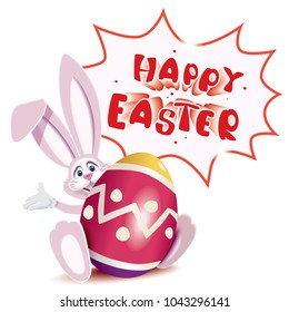 Happy Easter greeting card.Cute Easter Bunny with red colored egg decorated with ornaments and comic speech bubble with text -Happy Easter- isolated on a white background.Vector illustration.