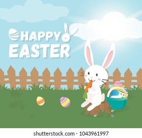 Happy Easter greeting card,Cute Bunny with Colorful Easter eggs in spring field. Vector illustration