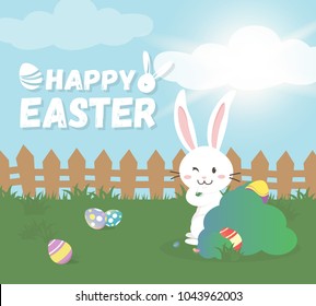 Happy Easter greeting card,Cute Bunny with Colorful Easter eggs in spring field. Vector illustration
