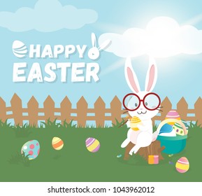 Happy Easter greeting card,Cute Bunny with Colorful Easter eggs in spring field. Vector illustration