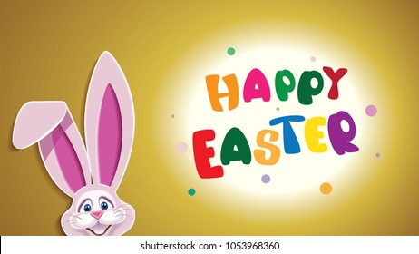 Happy Easter greeting card.Cute Easter Bunny with text -Happy Easter- isolated on a ocher background.Vector illustration for holiday greeting.