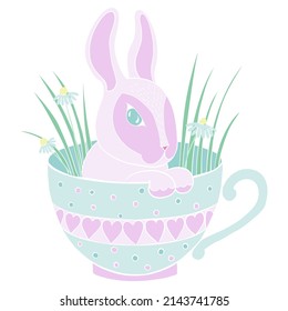 Happy easter greeting card.Cute easter bunny in the cup. Pastel pink and blue colors rabbit vector illustration isolated.
Suitable for nursery adn post card design and svg for cricut
