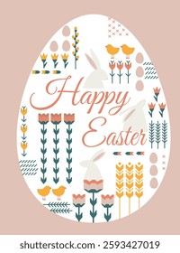 Happy Easter greeting card.Cute bunny and chickens.Traditional spring religious celebration banner. Festive modern drawing. 