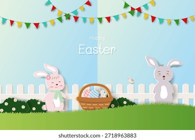 Fröhliche Ostern Grußkarte, niedliche Cartoon Kaninchen und Ostereier auf Frühlingsgarten, Vektorgrafik