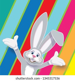 Happy Easter greeting card,cute gray Easter Bunny isolated on a colorful striped pattern on a background