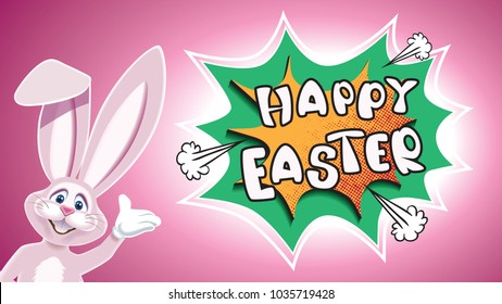 Happy Easter greeting card.Easter Bunny showing on a comic speech bubble with text -Happy Easter- isolated on a violet background.Vector illustration for holiday greeting.