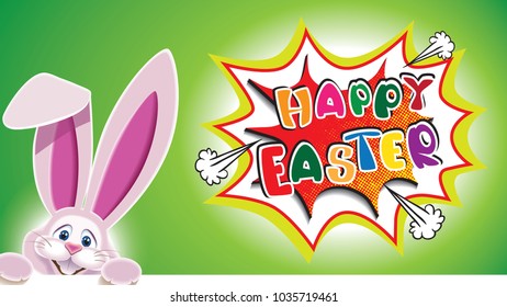 Happy Easter greeting card.Easter Bunny cute cartoon with comic speech bubble and text -Happy Easter- isolated on a green background.Vector illustration for holiday greeting.