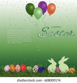Happy Easter greeting card,eggs rabbits balloons and confetti on colorful background
