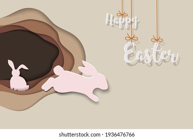 Happy Easter greeting card,paper art design with bunnies jump out of hole on springtime,vector illustration