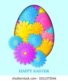Happy Easter greeting card.Paper cut easter egg with flowers.Vector illustration.
