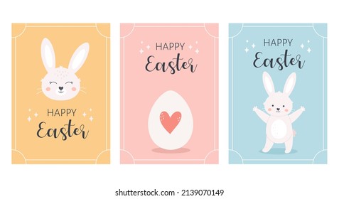 Happy Easter greeting cards with Easter bunny and painted eggs. Hand drawn vector illustration