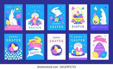 Happy Easter greeting cards collection with colorful rabbits, eggs and flowers on blue background. Vibrant poster design template with handwritten lettering. Vector illustration in modern art minimali
